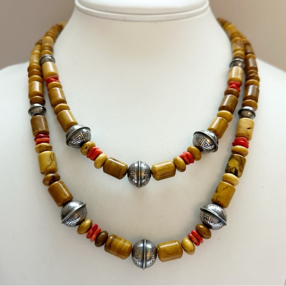 Vintage Running Bear Jasper Wood Red Coral Sterling Silver Bead Necklace - Picture 2 of 12